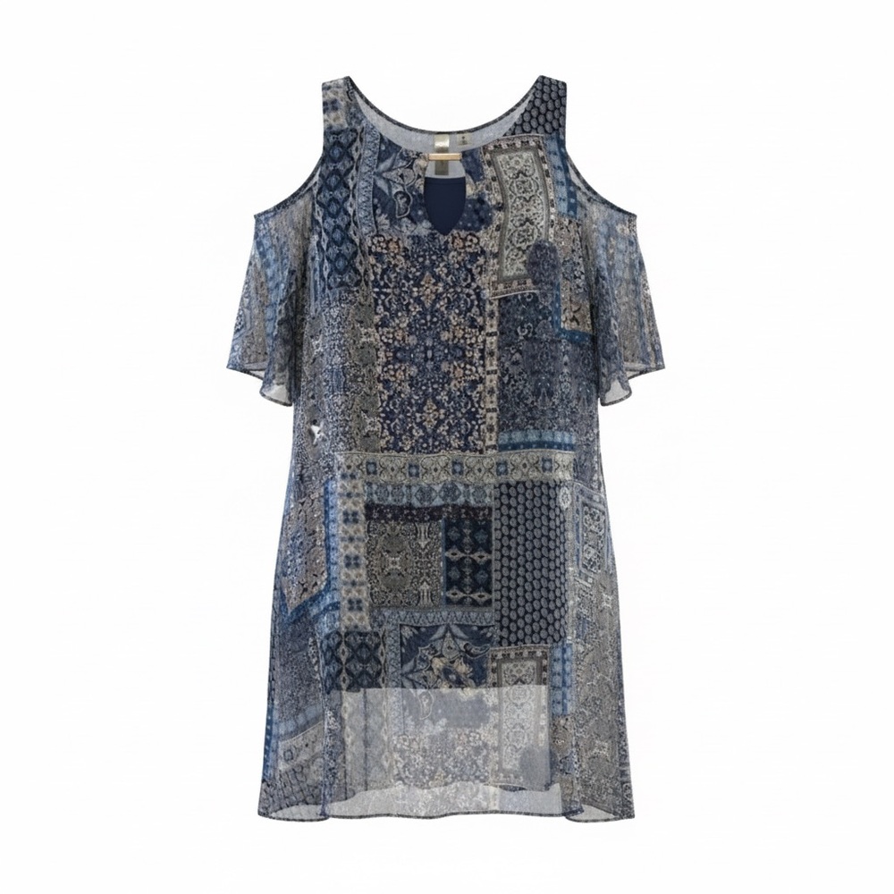 Tacera Womens Blue Patchwork Print Cold-Shoulder Top M Polyester
